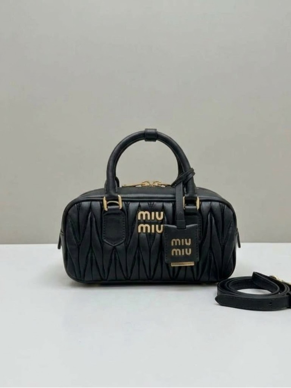Miu Miu Black Matelassé Quilted Top-Handle Mini Bag with Gold Hardware
